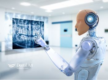 AI robot standing in front of a persons dental x-ray 