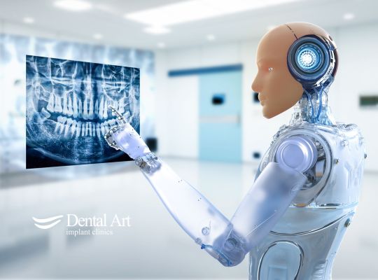 AI robot standing in front of a persons dental x-ray 